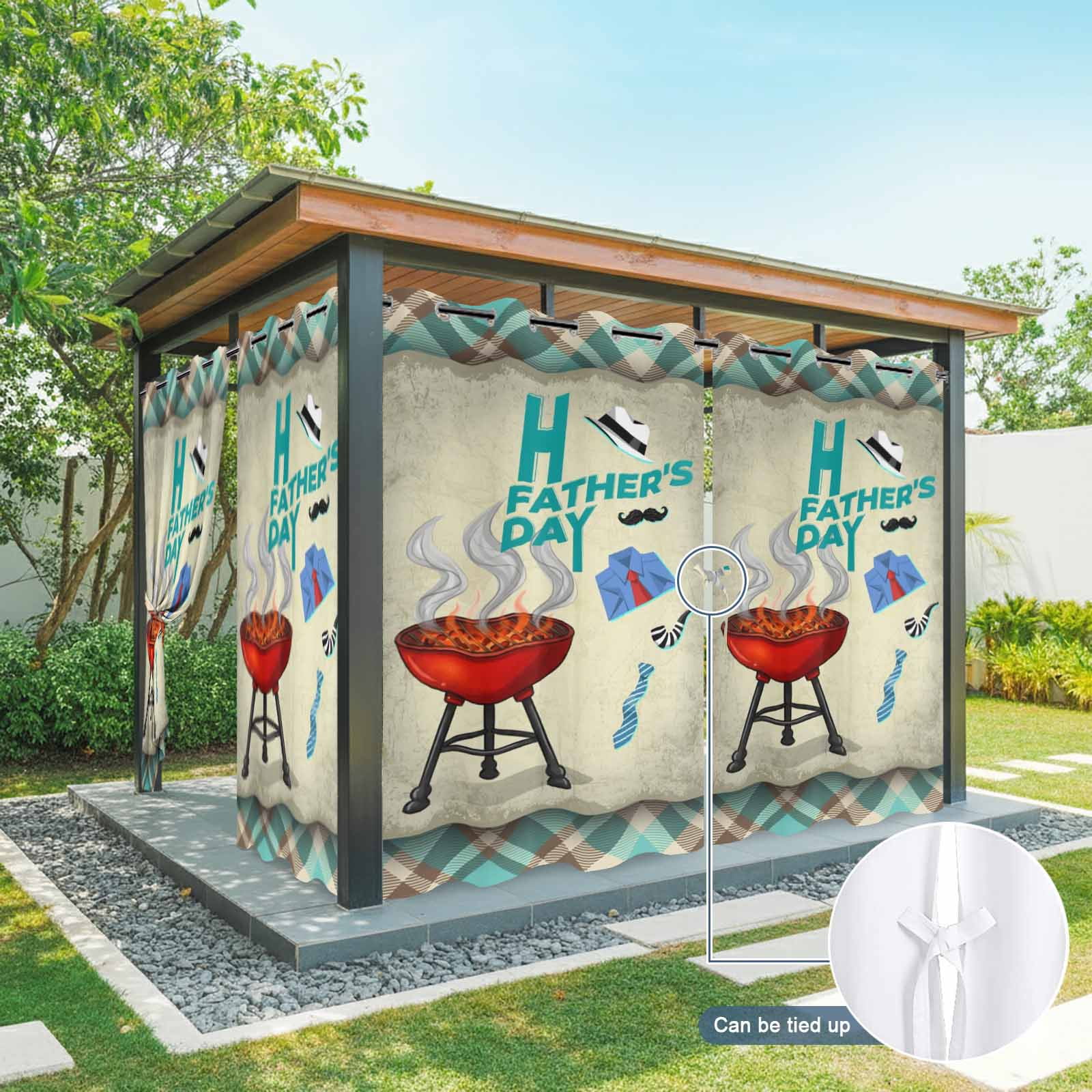 Father's Day Outdoor Curtains for Patio, Retro Barbecue Shirt Tie Beard Teal Plaid Waterproof Outside Curtains Privacy Blackout Curtain for Porch Pergola Cabana, 2 Panel 54W x 95L Inch