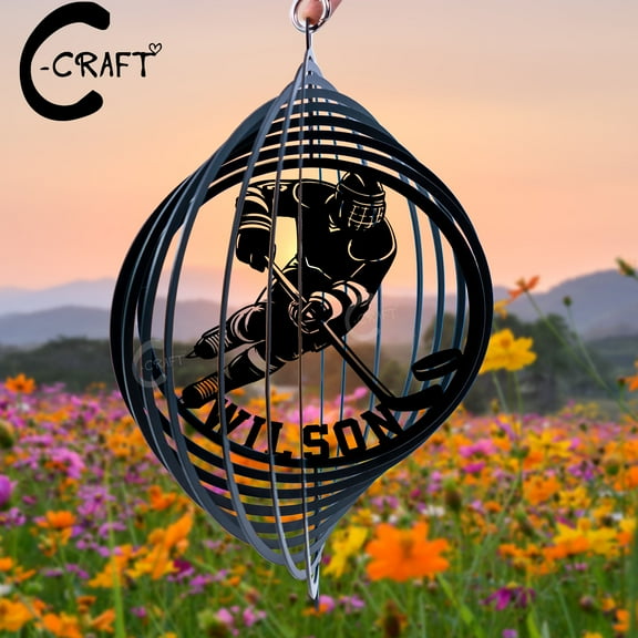C-CRAFT Custom Ice Hockey Metal Wind Spinner 8 inches, Memorial Wind Spinner Garden Decor