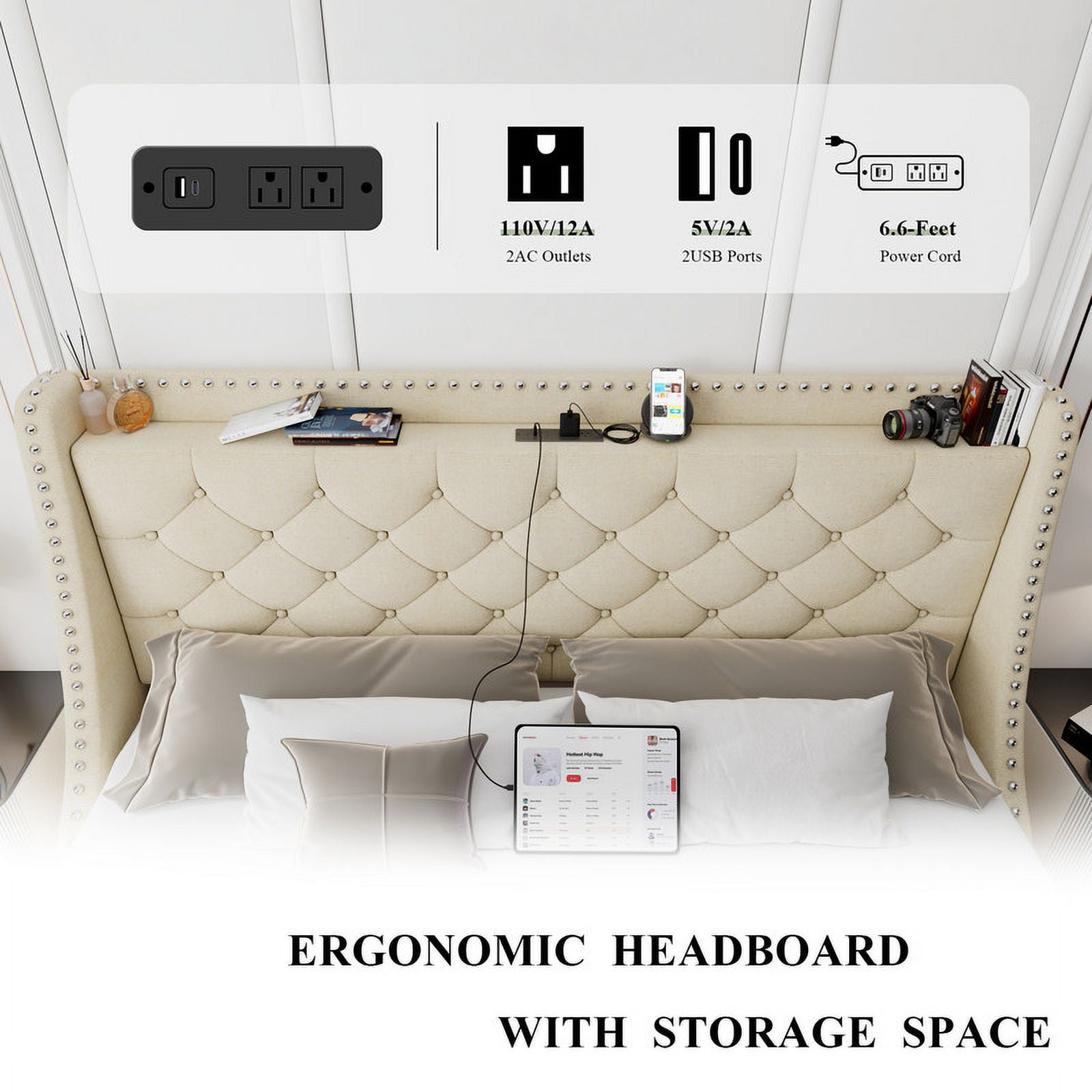 iPormis Full Bed Frame with Upholstered Wingback Button Tufted Storage Headboard, Luxurious Platform Bed with Charging Station, Beige