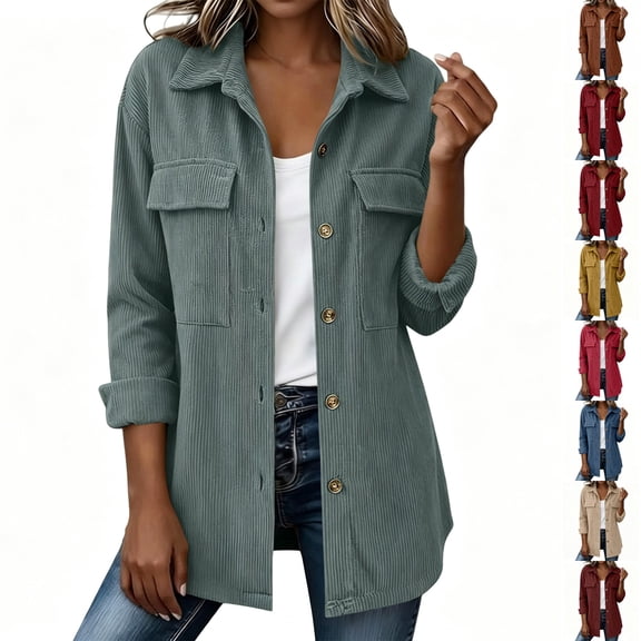 Resicozy Corduroy Jacket Women Lightweight Button Down Fall Casual Jackets Long Sleeve Collared Corduroy Shirt with Pockets Mint Green 2XL