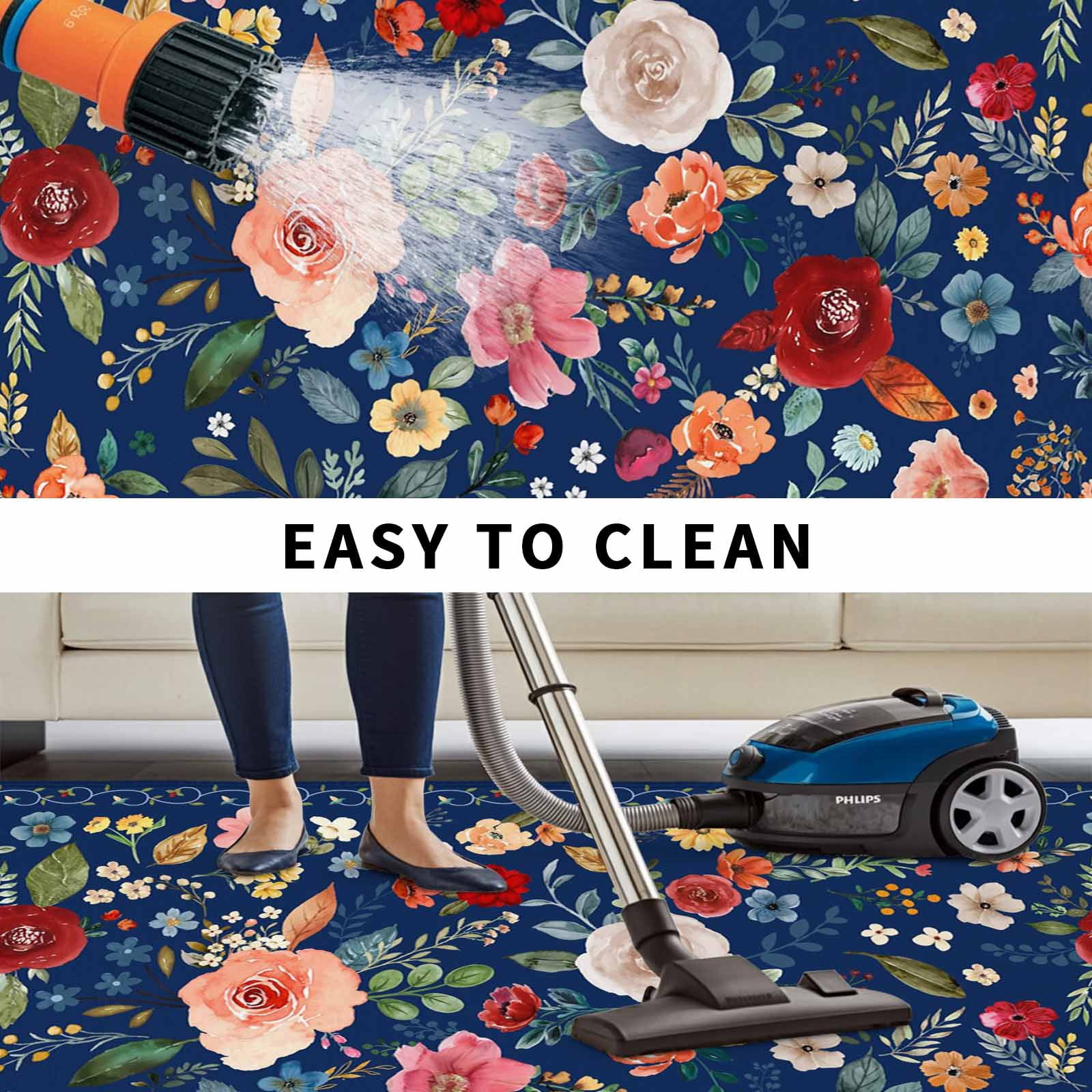 Navy Blue Flowers Outdoor Rug 5x7 Ft, Non Slip Washable Area Rug, Spring Vintage Floral Leaves Farmhouse Patio Rugs Carpet Runner, Large Floor Mat for Indoor/Outdoor Deck Porch Camping