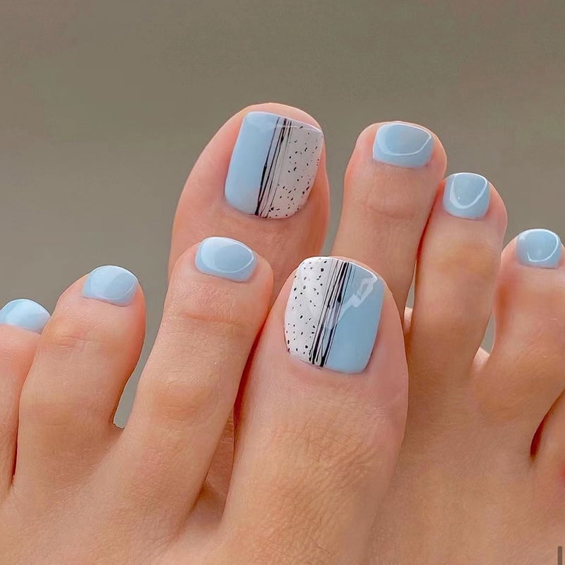 color blocking sky blue white lines dot pattern foot nail nail piece  wearable nail nail art nail piece nail wear section nails 