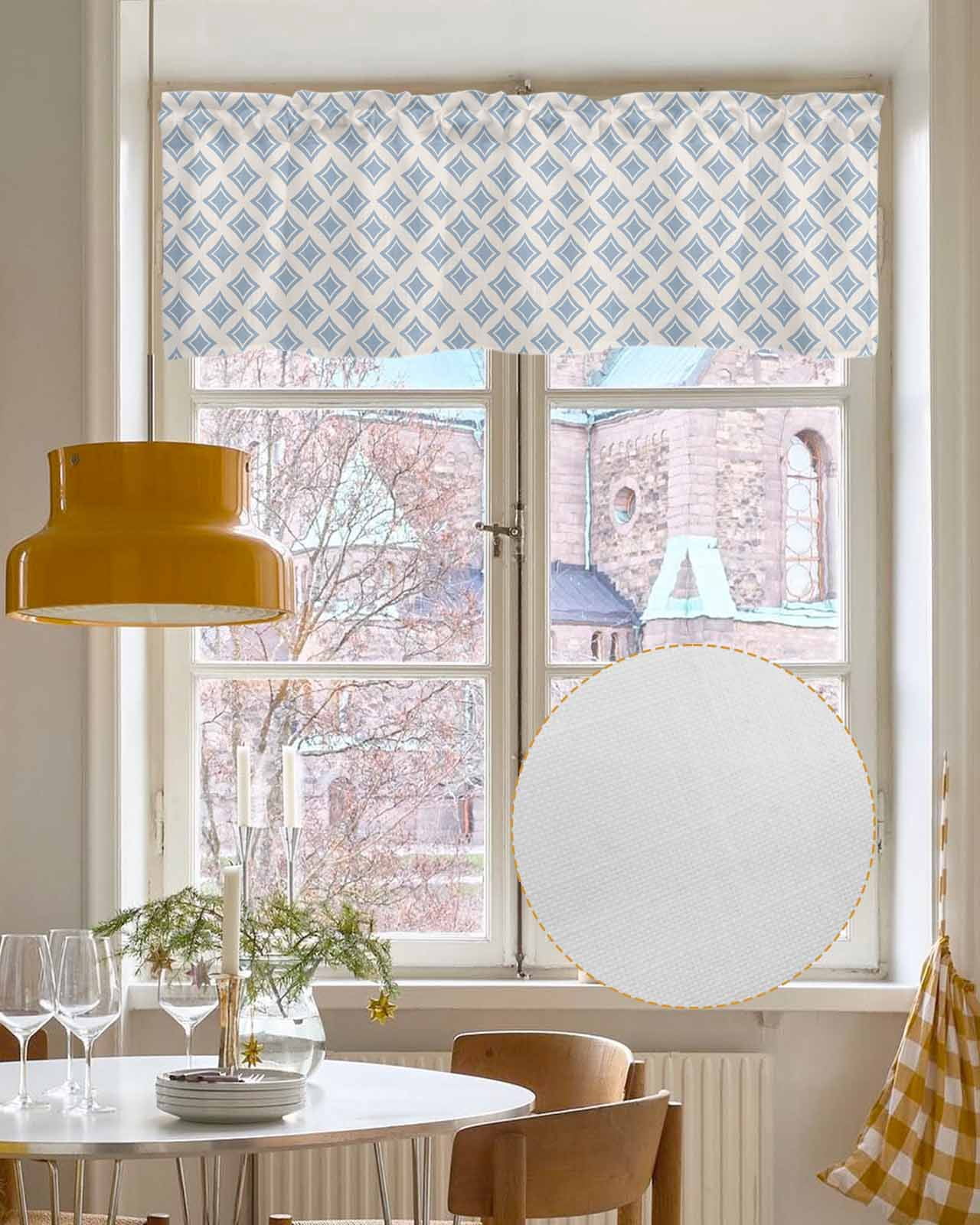 Abstract Blue Linen Curtain Valance for Bedroom/Bathroom/Kitchen/Office/Living/Dining Room Windows,Geometric Simple Modern Boho Art Rod Pocket Topper Drapes Decorative Cafe Drapery Panel 60x18