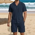 thumbnail image 2 of Eryao Big and Tall Mens Gym Set 2 Piece Button Down Short Sleeve Shirts Matching Drawstring Jogger Shorts with Pockets Summer Cotton Linen Lounge Sets,Navy,XL, 2 of 6