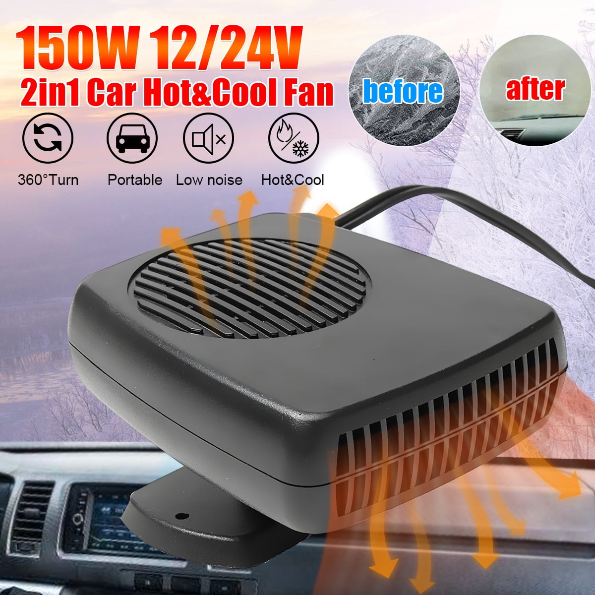 150W 12V Mini Heater Fan for Car Portable Auto Demister Defroster Heating Cooling Electric