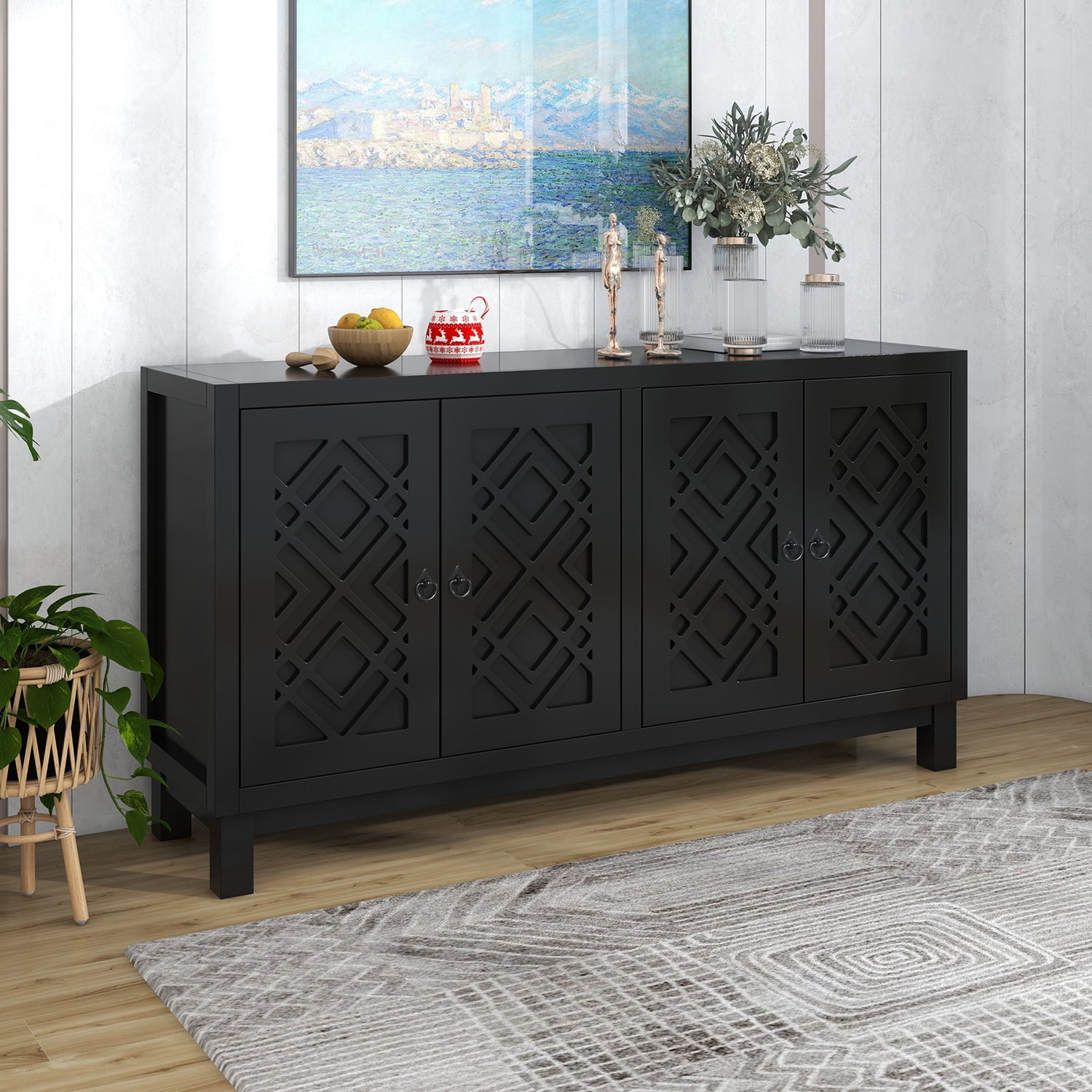 Kadyn Storage Sideboard Buffet Cabinet, 4 Door Sideboard with Pull Ring Handles, Kitchen Storage Cabinet for Living Room, Black Kadyn Storage Sideboard Buffet Cabinet, 4 Door Sideboard with Pull Ring Handles, Kitchen Storage Cabinet for Living Room, Black