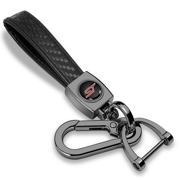iPick Image for Ford ST Logo in Black on Real Carbon Fiber Loop-Strap Dark Gunmetal Hook Key Chain, Official Licensed