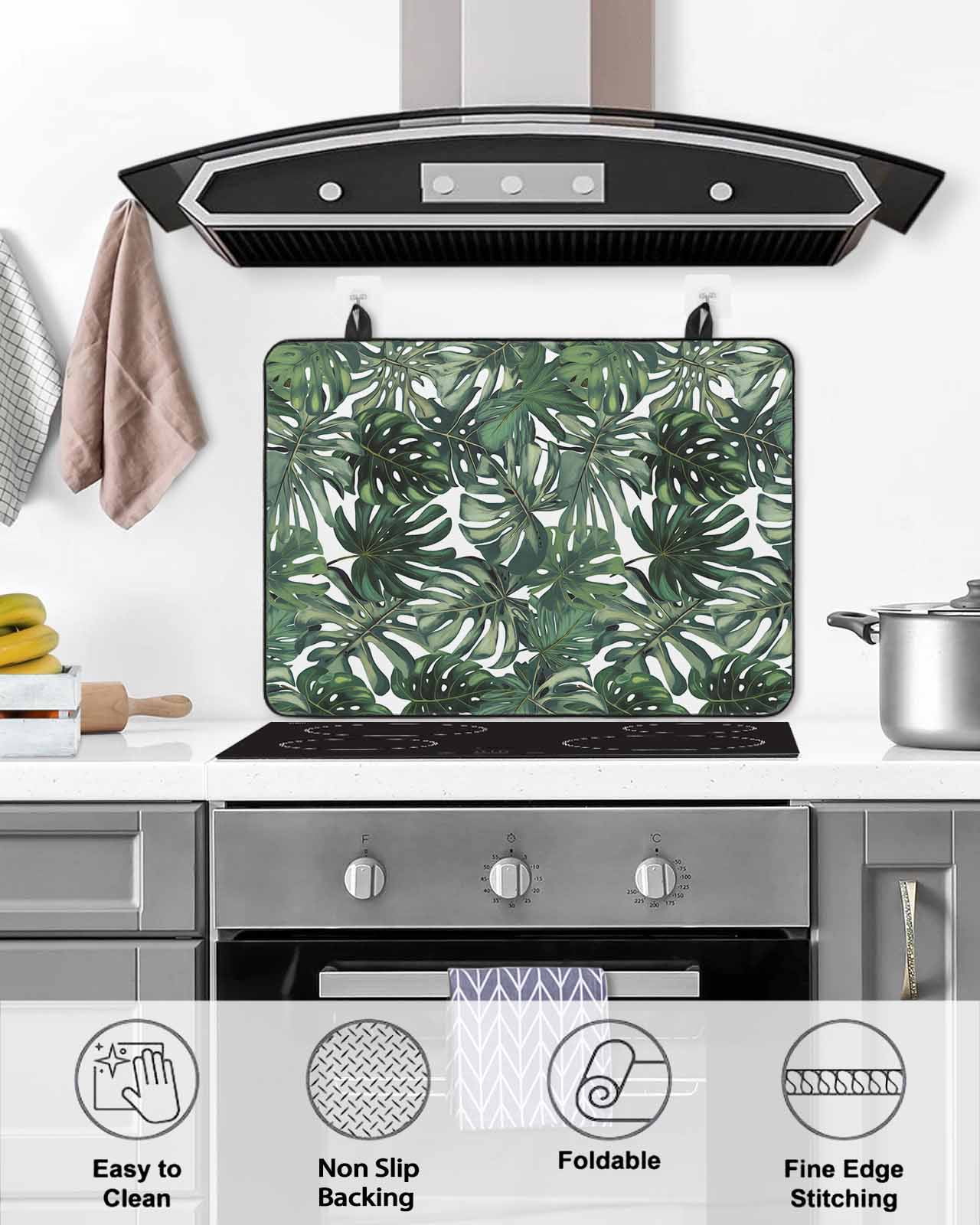 nqOlkjepod Large Induction Cooktop Protector Mat 24"x21", Green Palm Leaves Stove Top Covers for Electric Stove, Summer Tropical Leaf Vintage Stove Burner Cover Mats, Glass Top Stove Cover