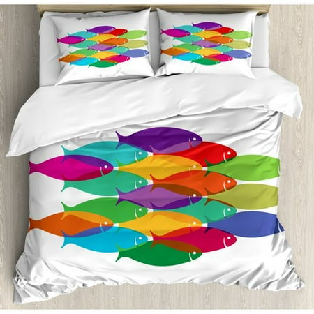 Deep Red Bedding Ambesonne Ocean Animal Digital Nested Fish Shoal Cluster Icon Deep Teamwork Symbol Artisan Print Duvet Cover Set ()