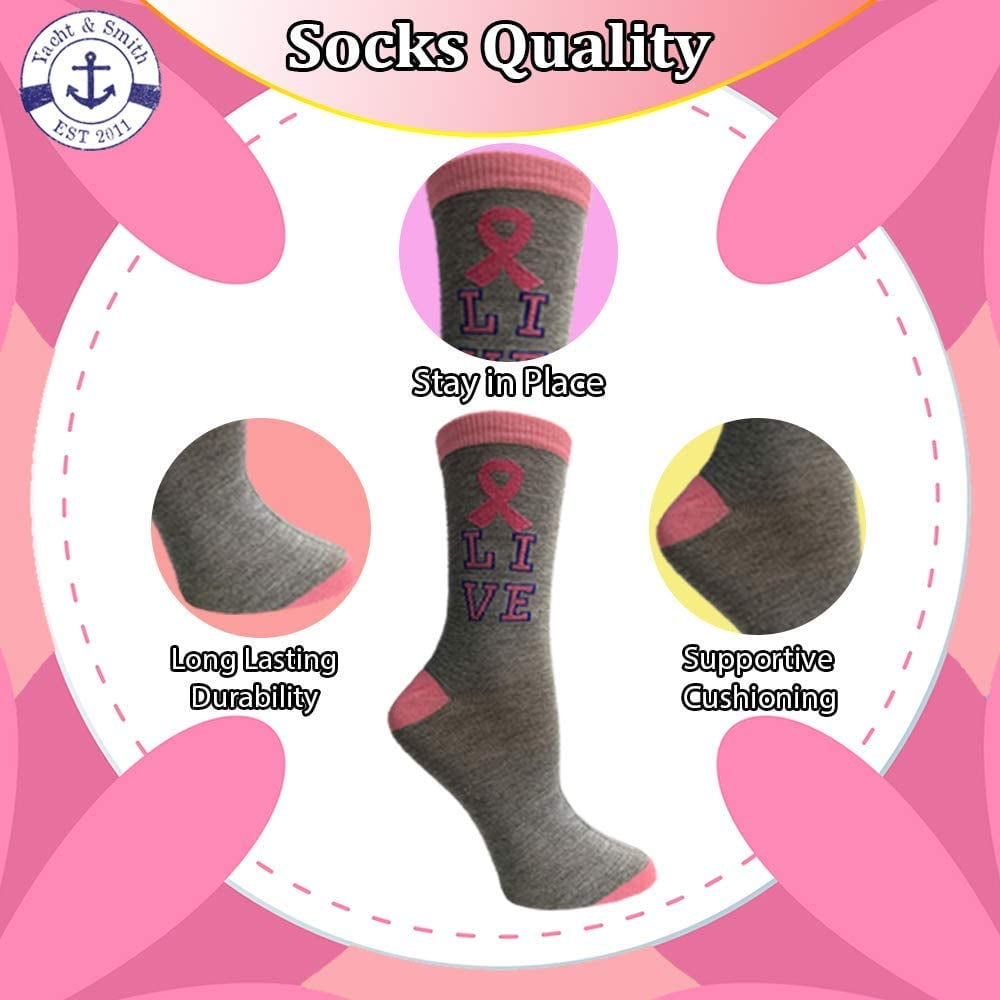 Yacht & Smith Pink Ribbon Breast Cancer Awareness Ankle/Crew Socks for Women (Assorted Crew, 12)