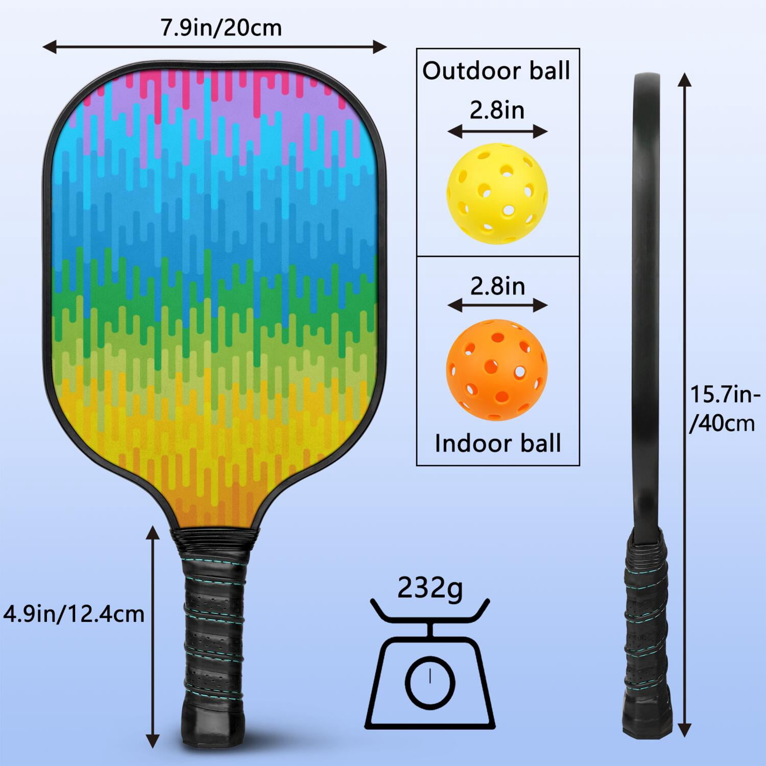 Pickleball Paddles Set Of 1, Fiberglass Surface, Vibrant Rainbow Print, 1 Paddle, 2 Balls & Bag