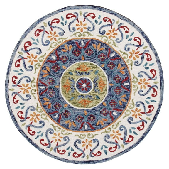Laddha Home Designs 4' Blue and Orange Floral Mosaic Hand Tufted Round Wool Area Throw Rug