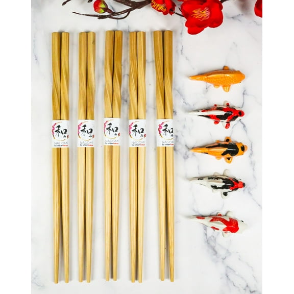 5 Pairs Of Colorful Japanese Koi Fishes Ceramic Rests With Wooden Chopsticks Set
