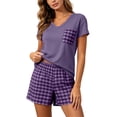 thumbnail image 2 of ZyeKqe Vacation Outfits for Women 2 Piece Summer Sets Crewneck Short Sleeve Shirts Match Plaid Casual Shorts Beach Travel Sets, 2 of 8