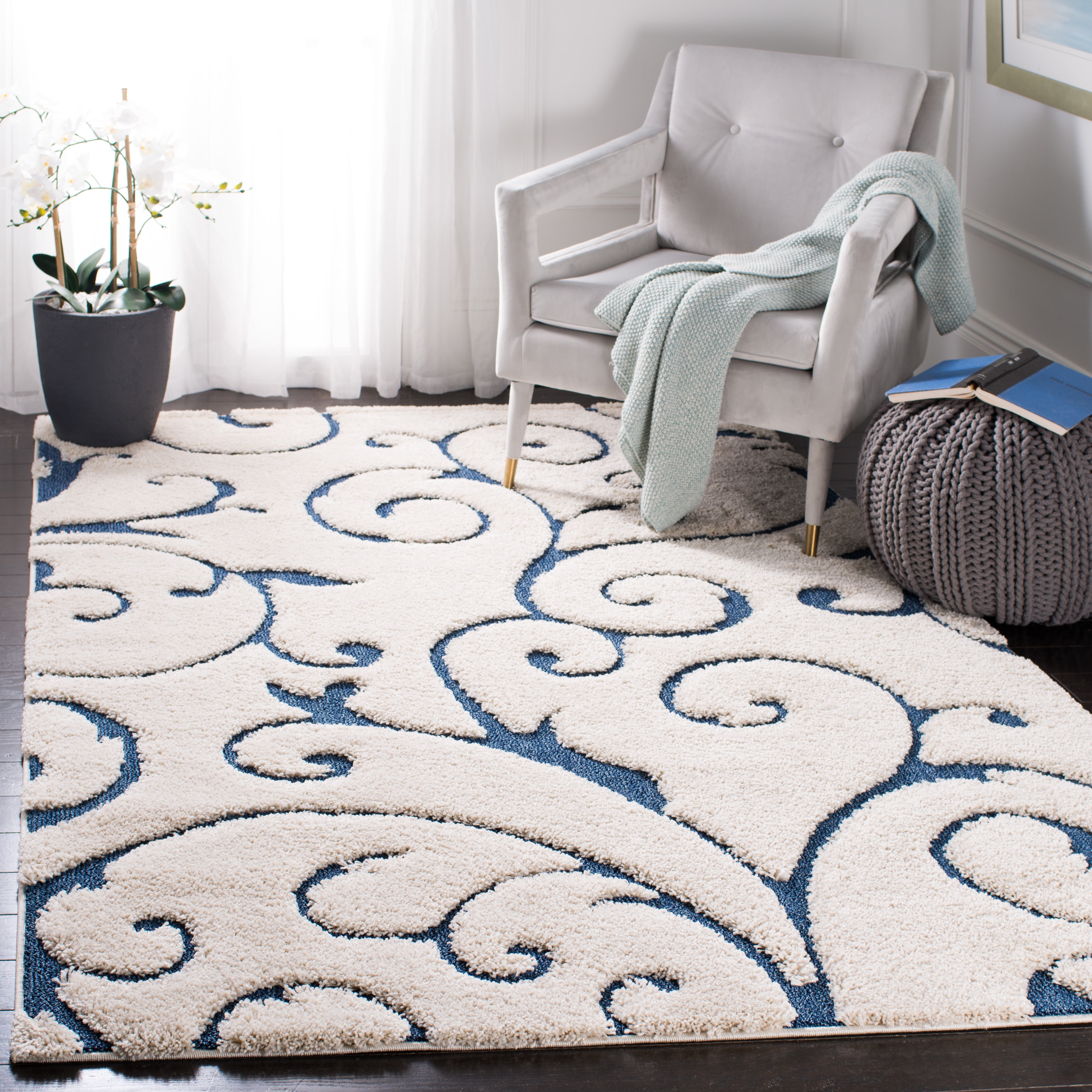 SAFAVIEH Florida Doug Floral Vines Geometric Shag Area Rug, Cream/Blue, 2'3" x 4' - Transitional Modern Design, Cream & Blue, Non-Shedding & Easy Cleaning, Ultra Plush Thick Pile, Ideal for Living Ro