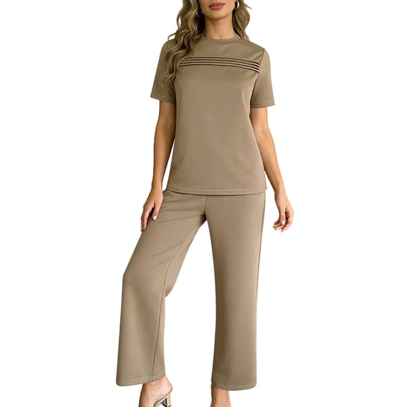 Ahabrexf Women's Casual Short Sleeve Shirts and Pants Set, Summer Pleated Pocket Lounge Wear with Lightweight Comfort