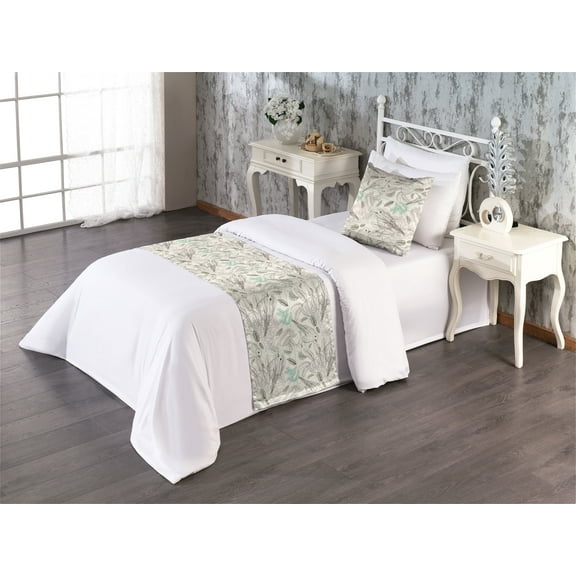 Bird Print Bed Runner Set, Scribbles of Flying Animal on the Branch Sketch Style of Artwork, Decorative Bedding Scarf & a Pillow Sham for Hotels Homes, Twin, Off White Taupe Seafoam, by Ambesonne