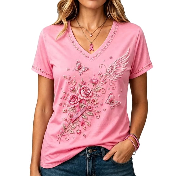 DORKASM Women's Breast Cancer Shirts Short Sleeve Cancer Survivor Shirts V Neck Gifts Fashion Breast Cancer Awareness Tops Pink Ribbon Trendy Shirt Pink L