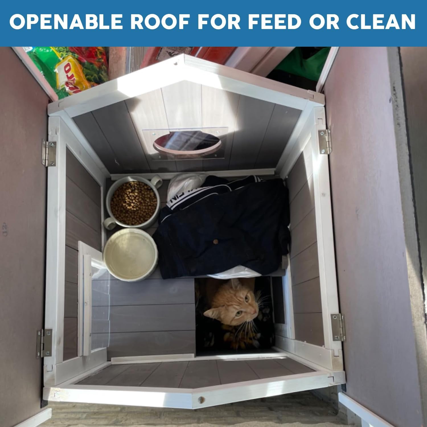 2 Story Outdoor Cat House for Winter Weatherproof Feral Cat Enclosure Shelter with Escape Door Balcony Openable Roof