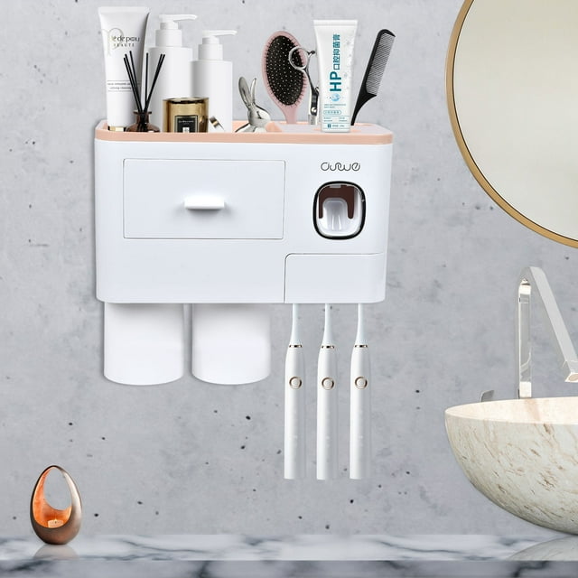 Wall Mounted Toothbrush Holder for Bathroom, Automatic Toothpaste Dispenser Kit with Magnetic Cups Kids & Family Set Toothbrush Holders, Storage Rack & Easy Install, Durable Space-Saving,Blue