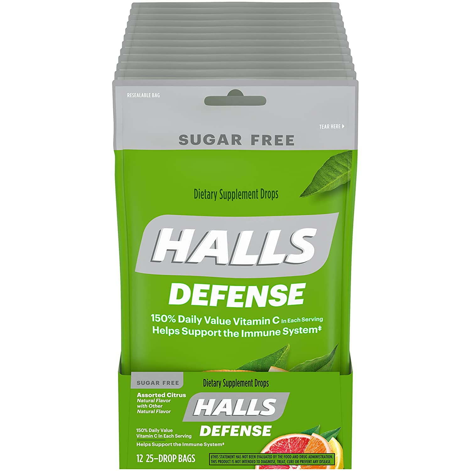 HALLS Defense Assorted Citrus Sugar Free Vitamin C Drops, Dietary