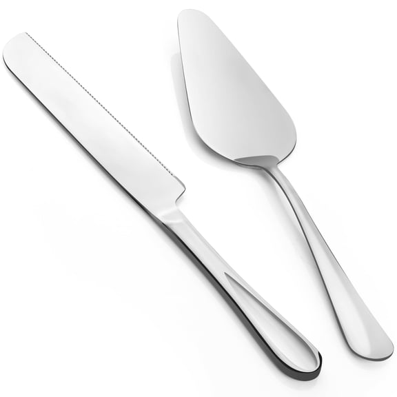 Ounalong 2-Piece Premium Cake Cutting Set, Silver Serrated Knife & Server, Stainless Steel Pie Spatula for Pastry, Pizza & Desserts