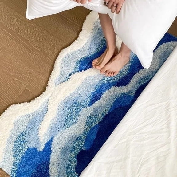 Navy Blue Flocked Bath Rug, 3D Sea Wave Pattern, 1.6' x4', Non-Slip Rubber Backing, Plush Absorbent Washable Bathroom Floor Mat
