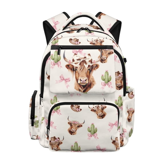 Jeiento Highland Cow Bow Kids Backpack 17 Inch Kawaii Western School Backpack for Girls for Elementary Ages 9-12, White Breathable School Bag with Padded Tablet Sleeve & Multi-Pockets