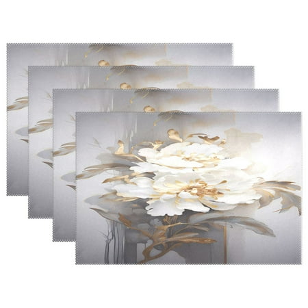 

Ryvnso Placemats Set of 4 Peony Flower with Golden Dining Mats Heat-Resistant Non-Slip Washable Table Mat