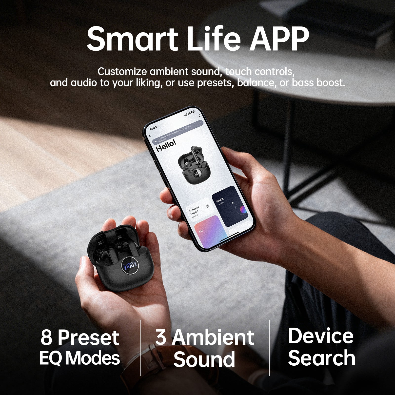 Wireless Earbuds, 6 ENC Mic Clear Call, Hybrid Active Noise Cancelling Earbuds, 8EQ, Deep Bass, V5.4 Bluetooth Ear Buds, 40H Playtime, LED Screen, IPX7 Waterproof, In-ear Earphones for Android iOS