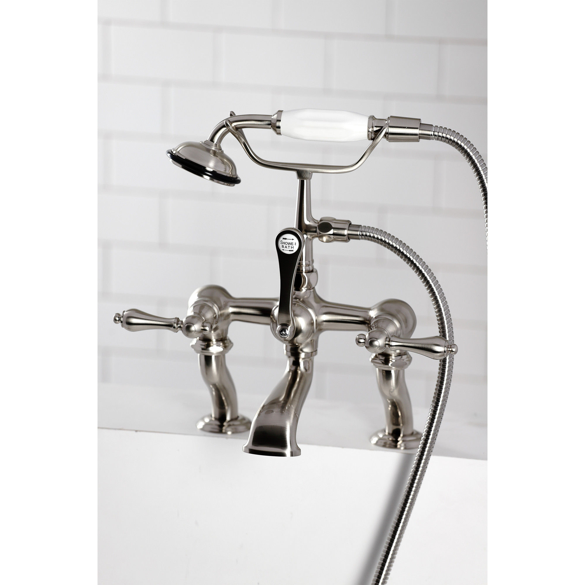 Kingston Brass CC409T8 Vintage 7" Center Deck-Mount Clawfoot Tub Faucet with Hand Shower, Brushed Nickel