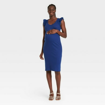 

The Nines by HATCH Ruffle Short Sleeve Ribbed Maternity Dress Navy XS Blue