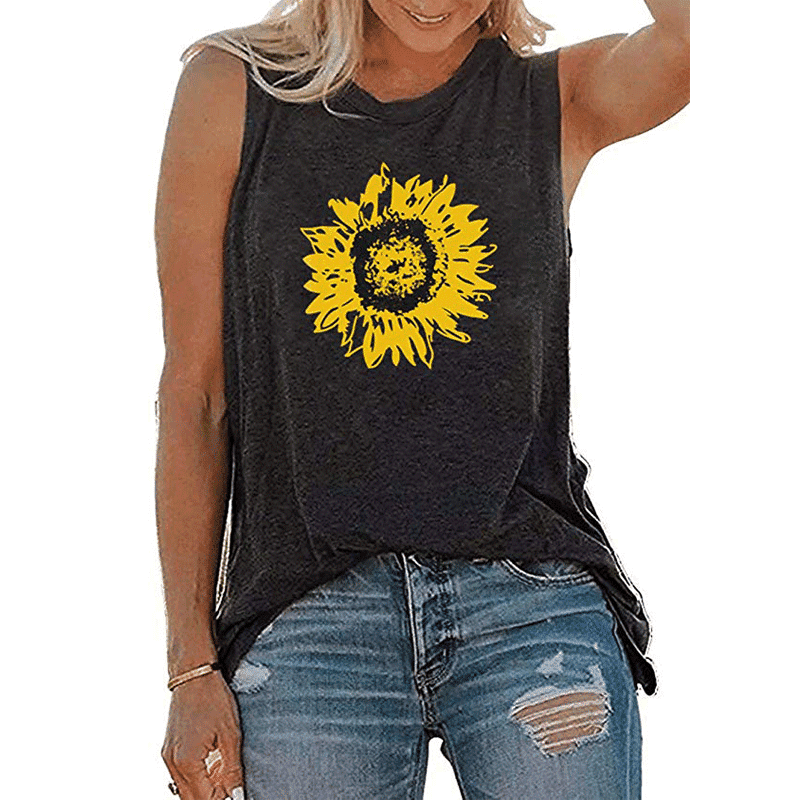WISPR - Women's Sunflower Pattern Printed Loose Round Neck Sleeveless T ...