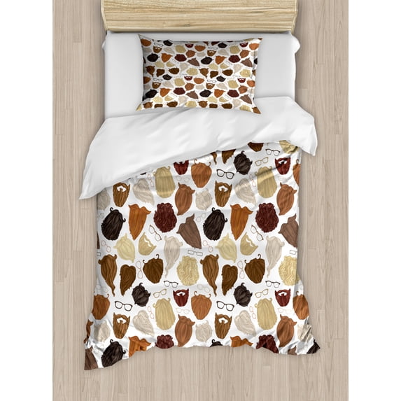 Hipster Duvet Cover Set Twin Size, Illustration of Scattered Beards Eyeglasses and Mustache on a Plain Background, Decorative 2 Piece Bedding Set with 1 Pillow Sham, Multicolor, by Ambesonne