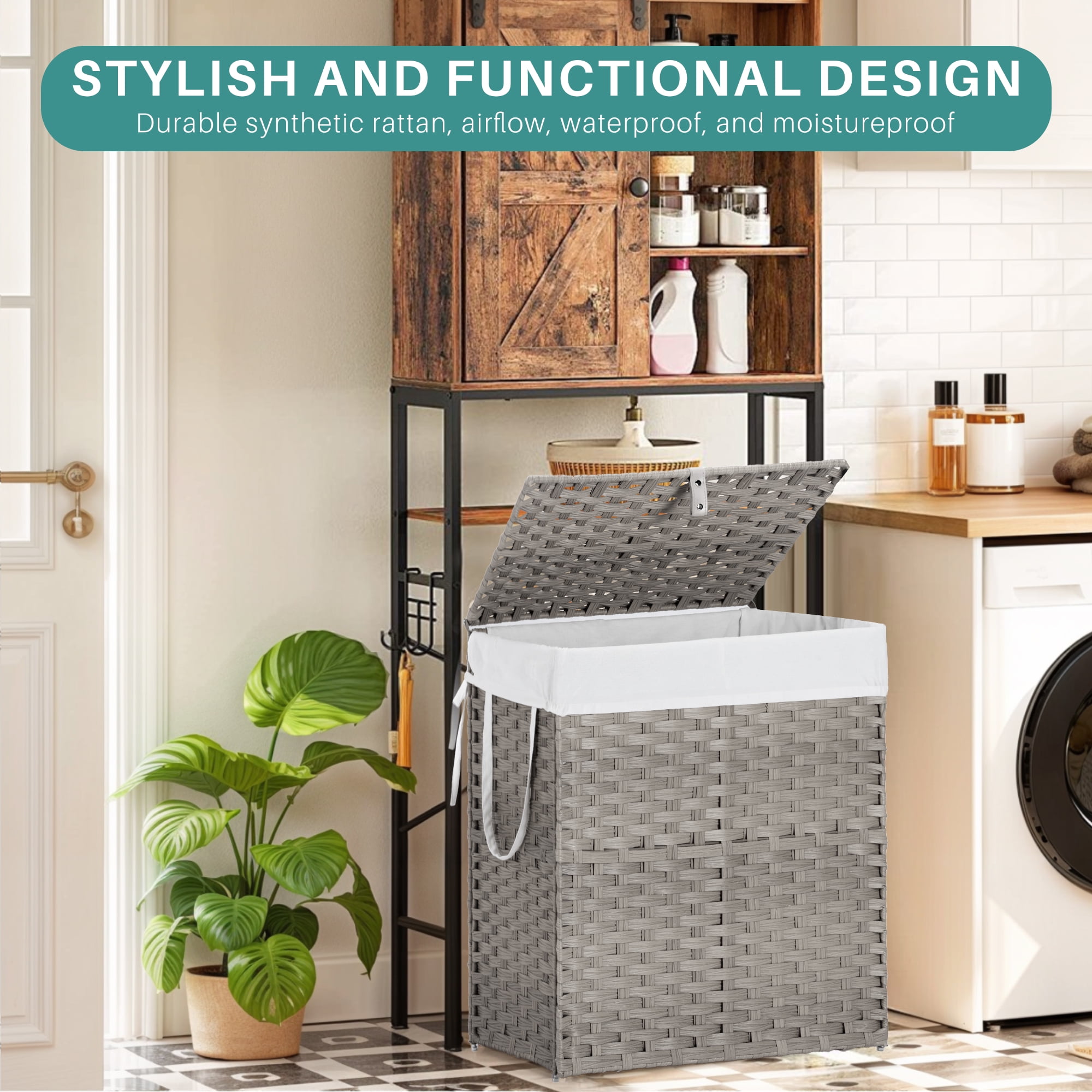 110L Foldable Laundry Hamper with Lid and Removable Liner, Wicker Basket for Bedroom & Bathroom, Gray