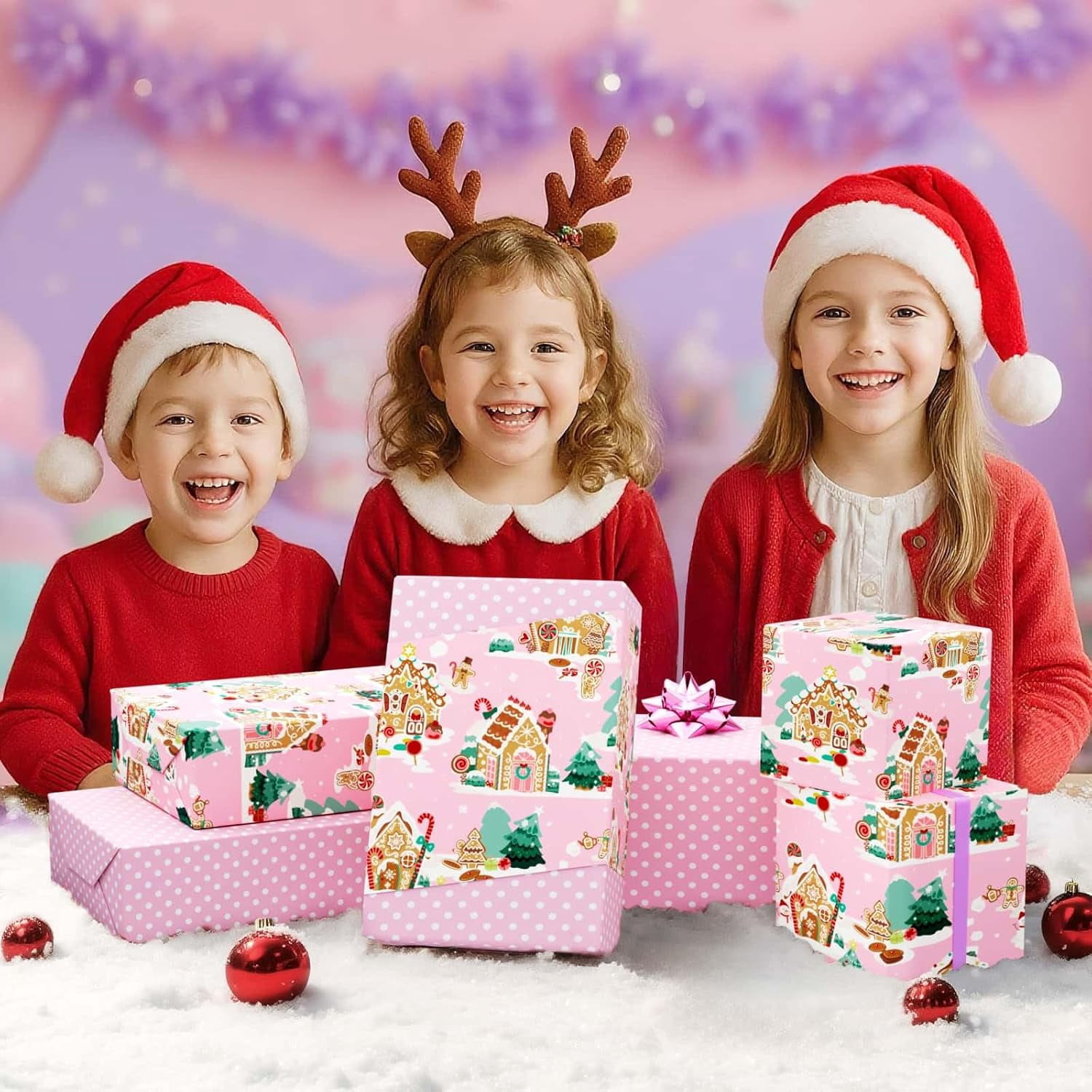 Christmas Wrapping Paper - 1 Roll 17”x 33 ft Gingerbread House Wrapping Paper Roll Reversible Christmas Tree Gift Wraps for Kids Girls Xmas Winter Holiday Party Pink Polka Dot Design