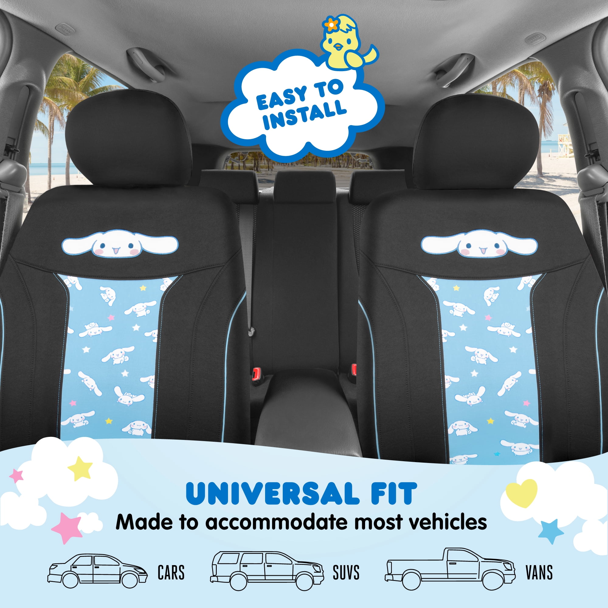 Hello Kitty Cinnamoroll Car Seat Covers - Adorable Light Blue Front Seat Covers with Cute Cinnamoroll Design, Durable and Comfortable Polyester, Car Accessories Hello Kitty Accessories 2pc