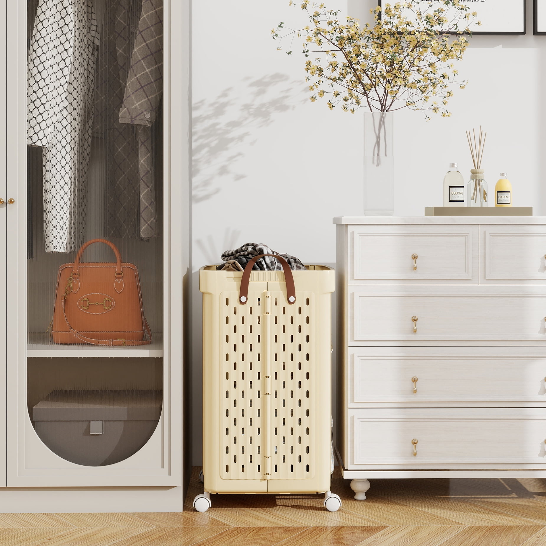 SEESPRING 1 Bushel Laundry Basket with Wheels Foldable Rolling Slim Laundry Basket Waterproof,Tall Thin Plastic Dirty Clothes Laundry Hamper