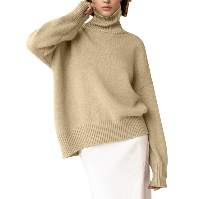 GPOECD Long Sweaters For Women Lightweight Ribbed Knit Solid Color High Neck Pullover for Layering and Casual Fall Winter Wear Khaki,XL