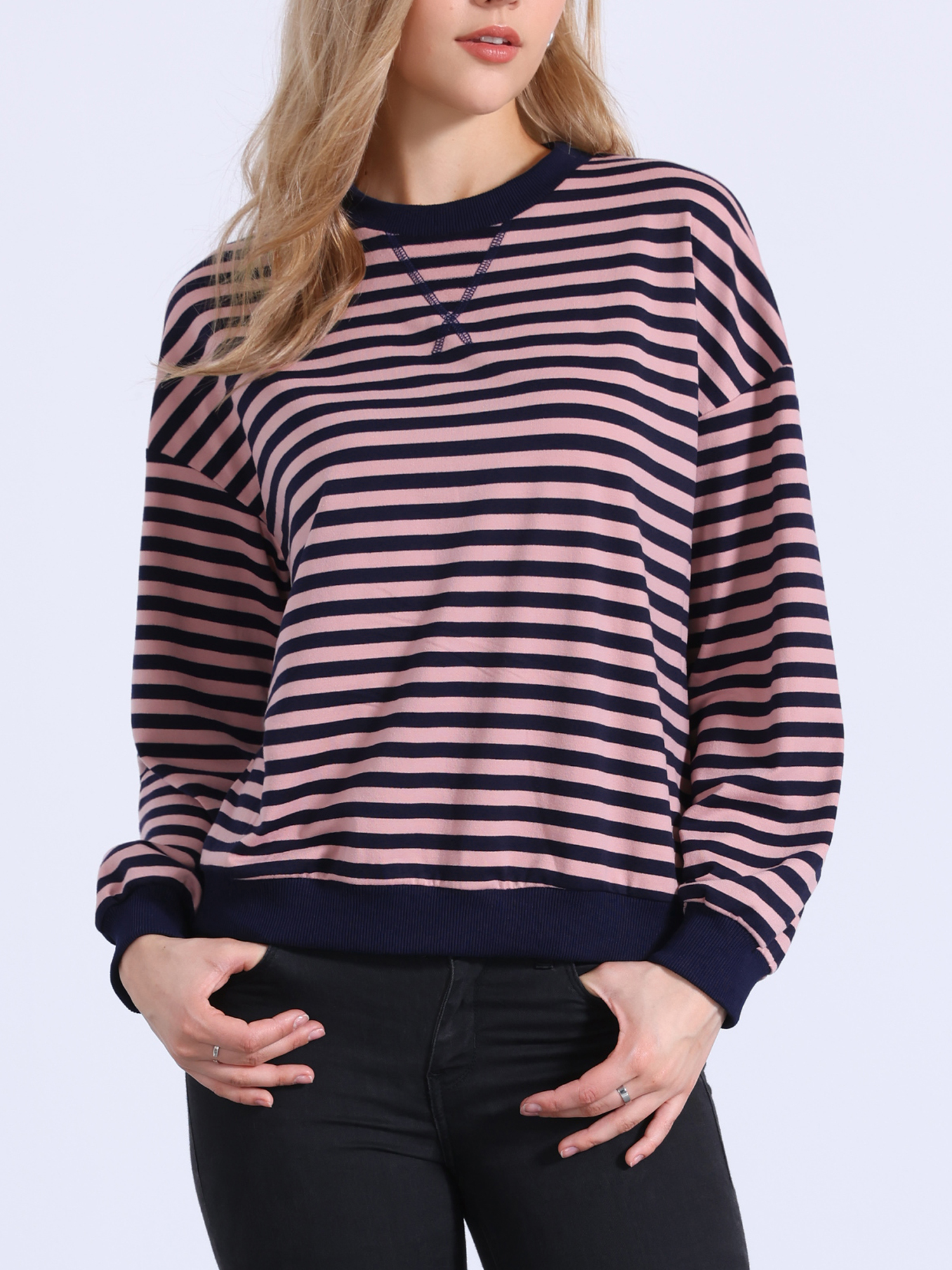 DARING DIVA Women's Crew Neck Striped Long Sleeve Sweatshirt S Pink