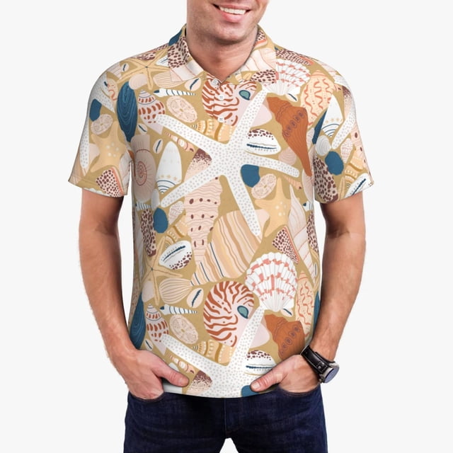 Fotbe Tropical Beach Sea Shell Camiseta Polo de Golf para Hombre con Estampado – Camisa Deportiva Transpirable con Cuello Abotonado-Small