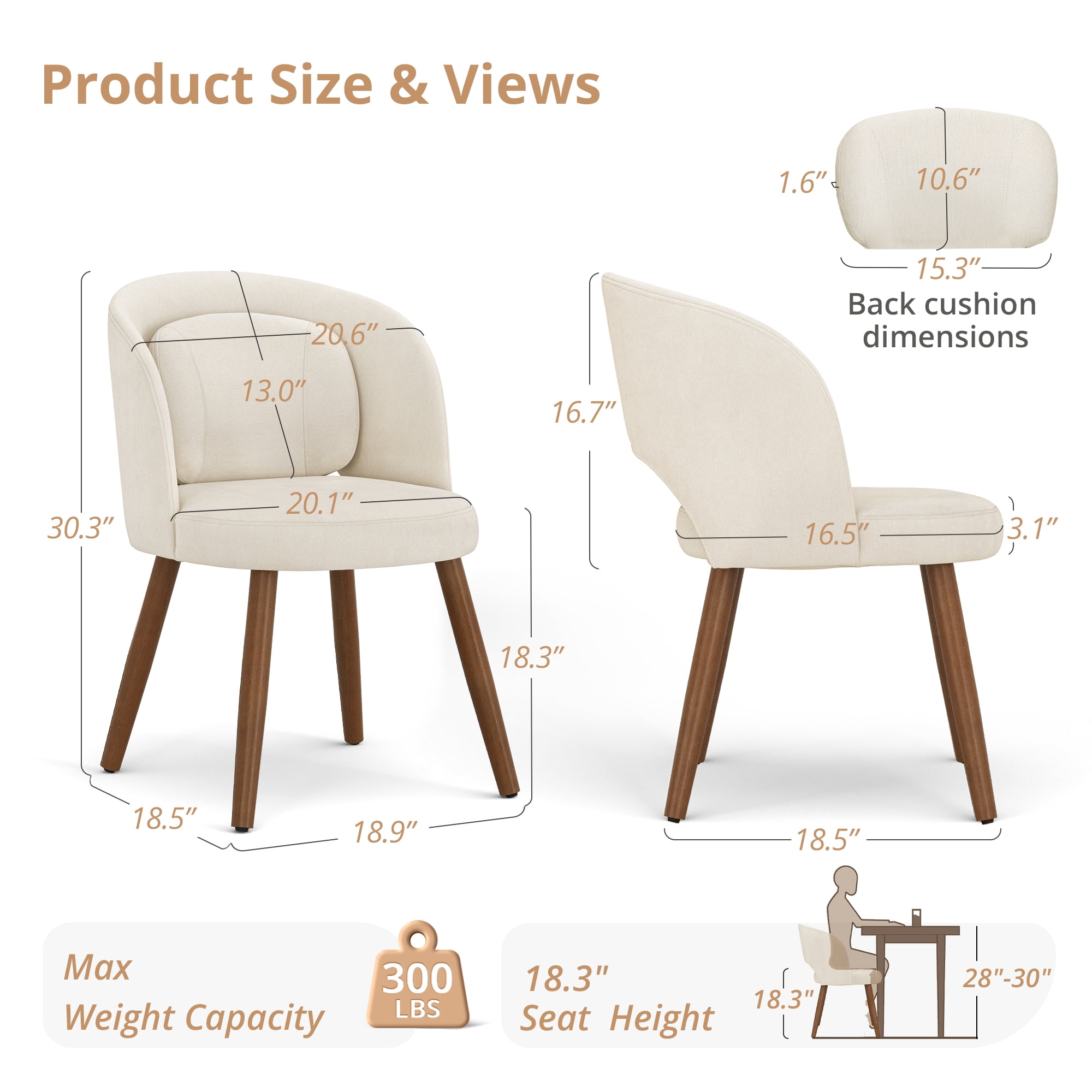 Dycanpo Upholstered Dining Chairs Set of 2, Wooden Dining Side Chairs with Curved Backrest & Individual Back Cushion, Beige