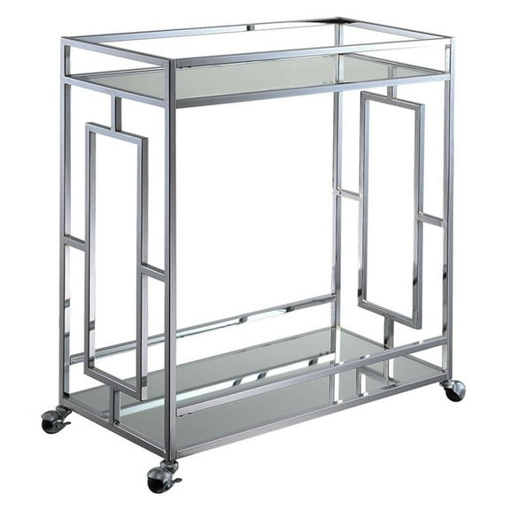 Pemberley Row Chrome Clear Glass Bar Cart Square Tempered Shelves 14" x 29.25" x 32.75" Unassembled