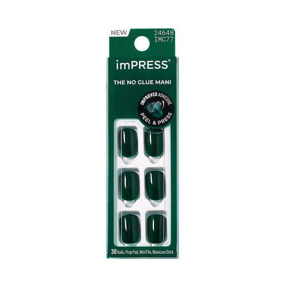 Kiss Impress Color Press On Nails Short, ‘Stand Out’, Green, Squoval, 30 Count