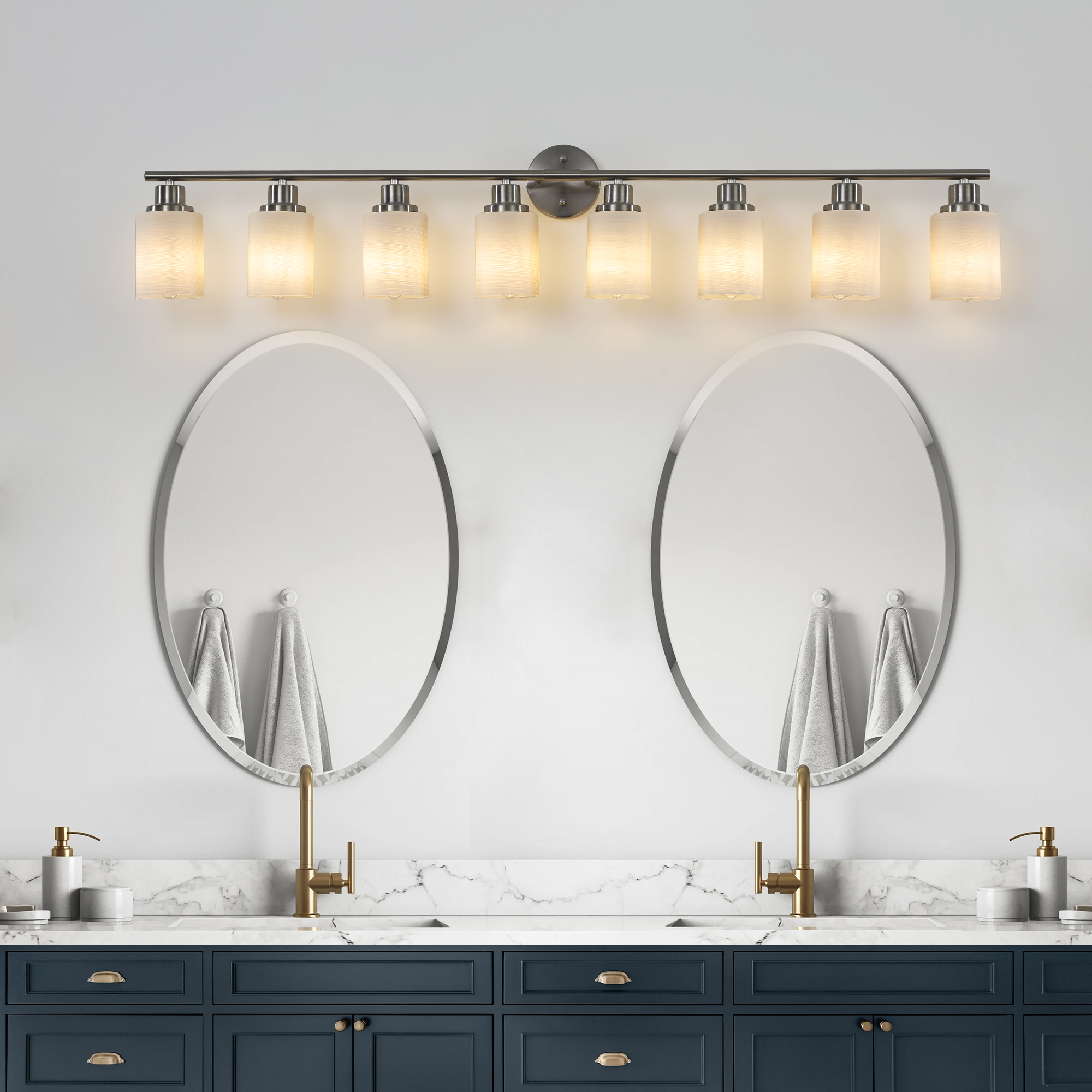 Holaki 52" Modern 8-Light Vanity Wall Sconce, Brushed Nickel Finish with Frosted Glass Shades for Bathroom or Hallway Lighting (E26, No Bulbs Included)
