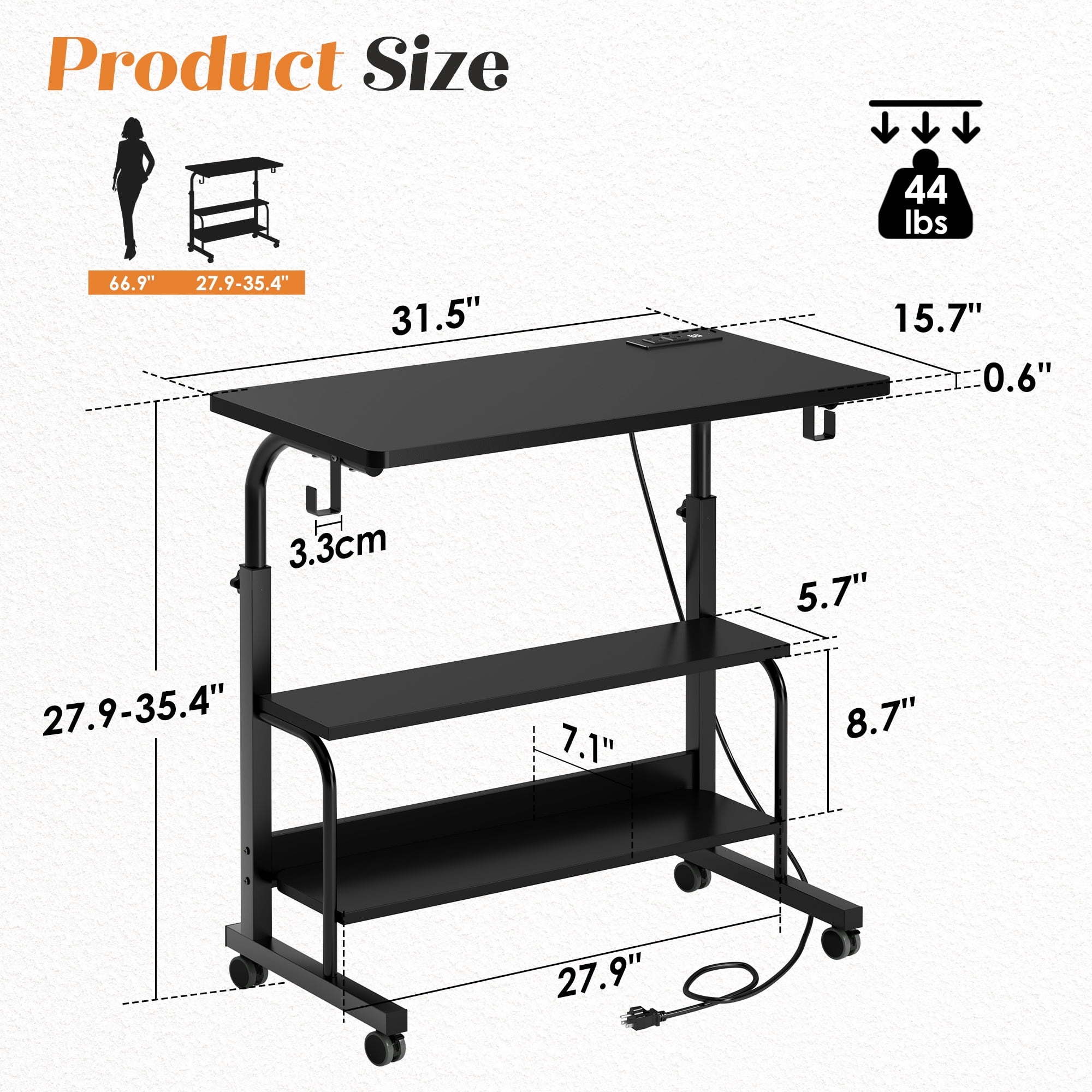 Soges 31.5" Height Adjustable Computer Desk with Charging Station, Adjustable Side Table Movable Laptop Desk with 2 Storage Shelves, Adjustable Desk on Wheels for Home Office, Sofa, Bed, Black