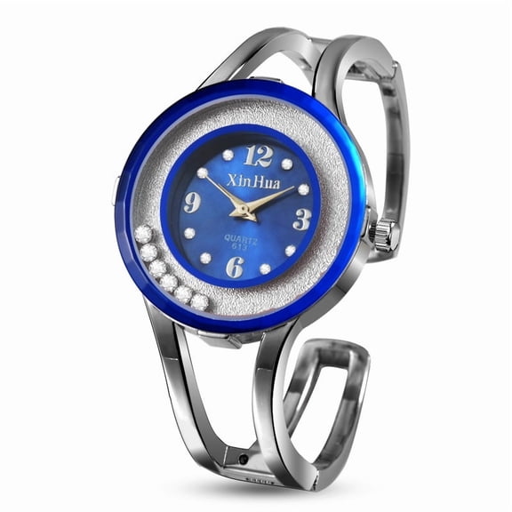 Women’s Silver Bangle Watch with Blue Dial Crystal Accents Quartz Bracelet Watch