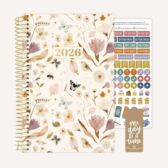bloom daily planners 2026 Weekly & Monthly Planner, 5.5" x 8.25", Butterfly Garden, Soft Cover with Stickers & Bookmark