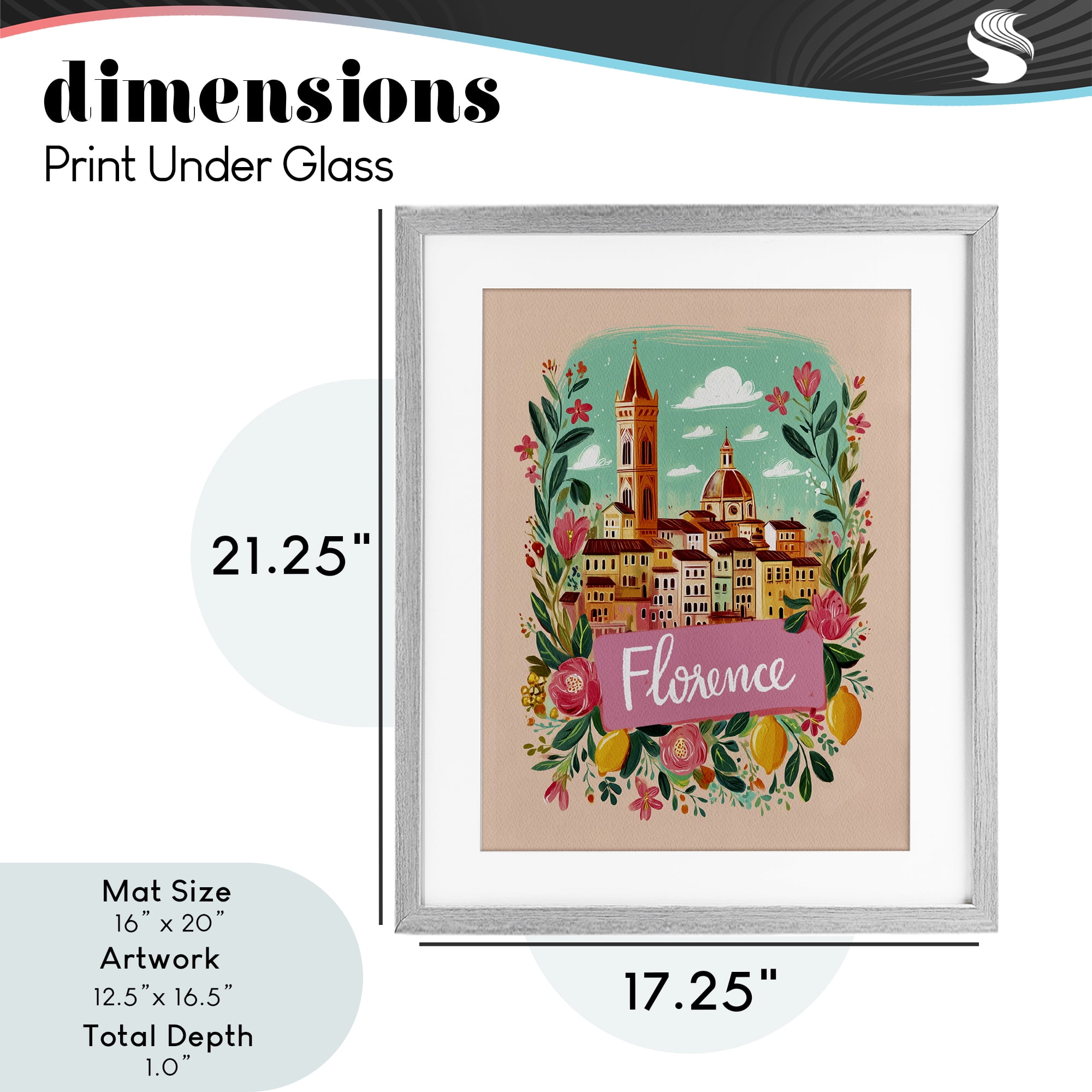 Floral Bordered Florence Gray Framed Print Under Glass, design by Yen
