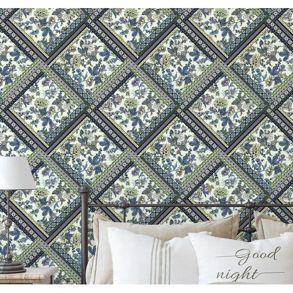 S4Sassy Self-Stick Decorative Boho Wallpaper, Floral Patch Print Wall Paper, Vinyl Waterproof Contact Paper, Blue, 25"X 240" Removable Renter Friendly Walls Covering For Bedroom, Dining Room